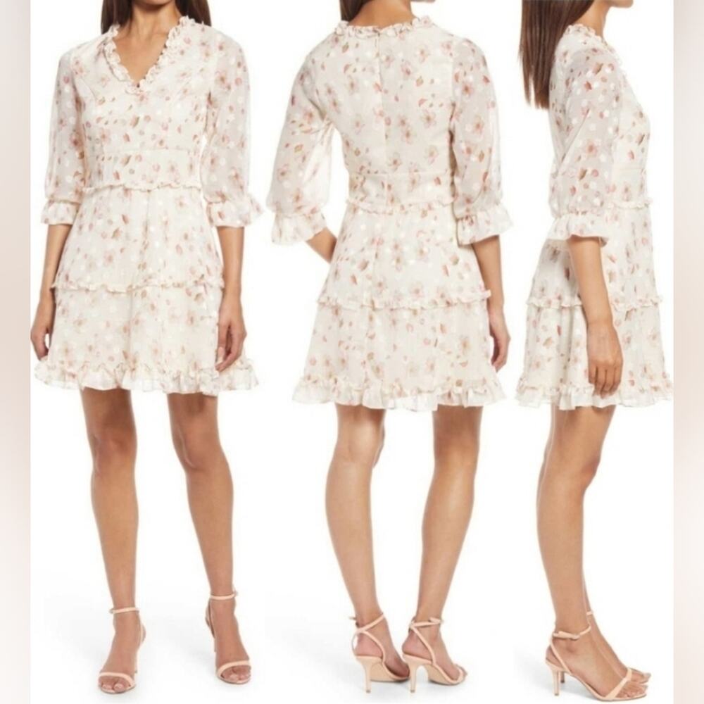 Chi Chi London Floral Print Ruffle Trim Dress Size 12 EUC
